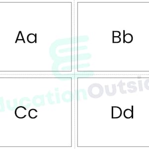 Puede incluir: Cuatro cuadrados blancos con bordes negros, cada uno con una letra del alfabeto: Aa, Bb, Cc y Dd.