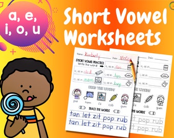 May include: Two printable worksheets for practicing short vowel sounds. The worksheets feature pictures and words with the short vowel sounds a, e, i, o, and u. The worksheets are titled "Short Vowel Practice" and "Read the Words".