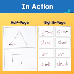 K&ouml;nnte beinhalten: Ein Arbeitsblatt mit einem Dreieck und einem Quadrat auf der linken Seite und einer Liste unregelm&auml;&szlig;iger Verben auf der rechten Seite. Die Verben sind "grow", "grew", "stand", "stood", "sit", "sat", "drink" und "drank".