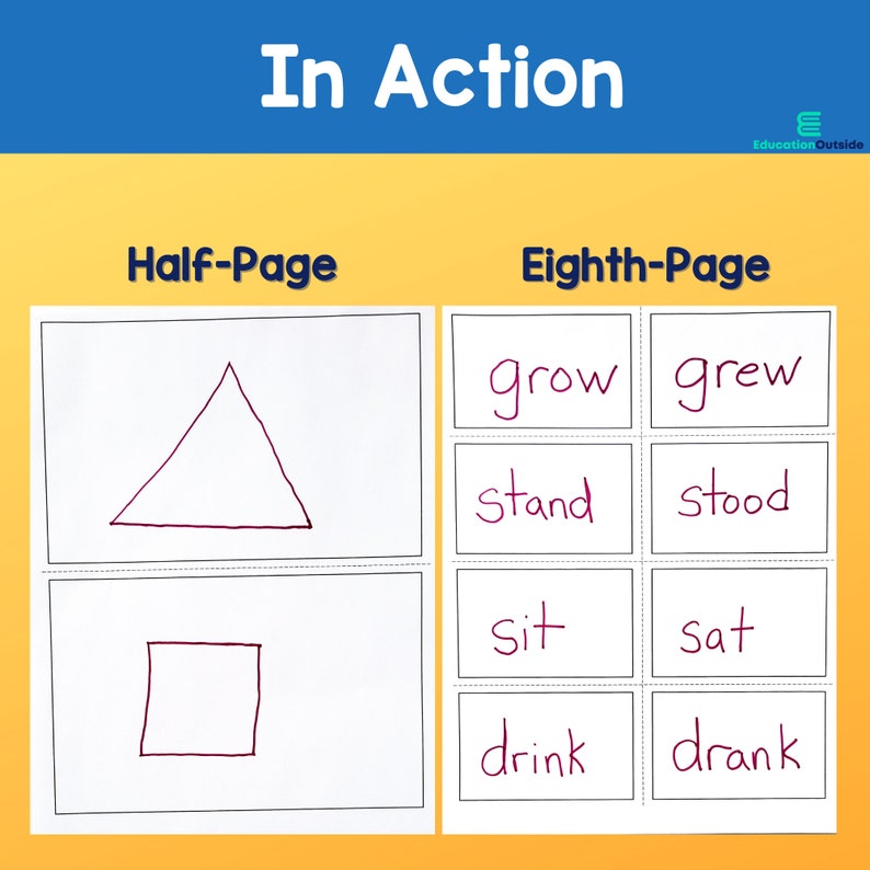 K&ouml;nnte beinhalten: Ein Arbeitsblatt mit einem Dreieck und einem Quadrat auf der linken Seite und einer Liste unregelm&auml;&szlig;iger Verben auf der rechten Seite. Die Verben sind "grow", "grew", "stand", "stood", "sit", "sat", "drink" und "drank".