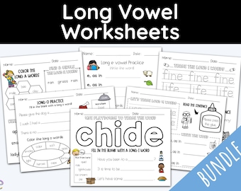 May include: A bundle of printable worksheets for teaching long vowel sounds. The worksheets feature various activities, including tracing, coloring, and filling in the blanks with long vowel words. The worksheets are black and white and feature simple illustrations.