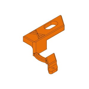May include: Orange plastic 3D printed part with a hole and a small arm extending from the side. The part has a raised "X" on the top.