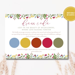 Carte de tenue d'invité pour mariage, carte d'humeur, palette de couleurs de mariage, fleurs sauvages, thème floral du mariage, idées de domaine viticole, Garden Party, code vestimentaire pour invités