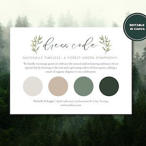 Modèle de carte de tenue de mariage Forêt, Vert, Carte d’insertion de code vestimentaire invité, Tableau d’humeur de mariage modifiable pour les invités, Téléchargement numérique, E-vite