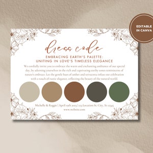 Carte de tenue d'invité de mariage, carte d'humeur, palette de couleurs de mariage, mariage terreux, idées de mariage sur le thème rustique, fête en plein air, code vestimentaire d'invité