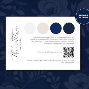 Carte de tenue de mariage Bleu marine Insérer Code vestimentaire des invités Faire-part de mariage Mood Board Palette de couleurs modifiable Robe de mariée marine Tenue Canva