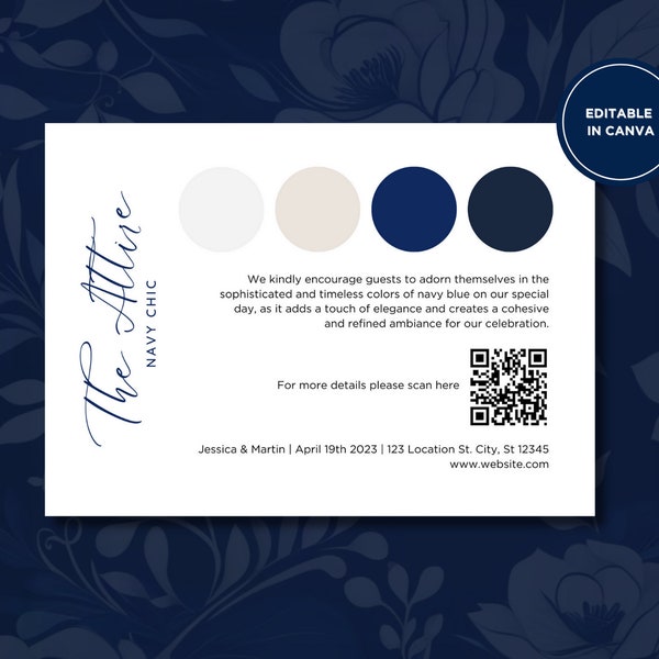 Wedding Attire Card Navy Blue Insert Guest Dress Code Wedding Invitation Mood Board Color Palette Editable Navy Wedding Dress Attire Canva