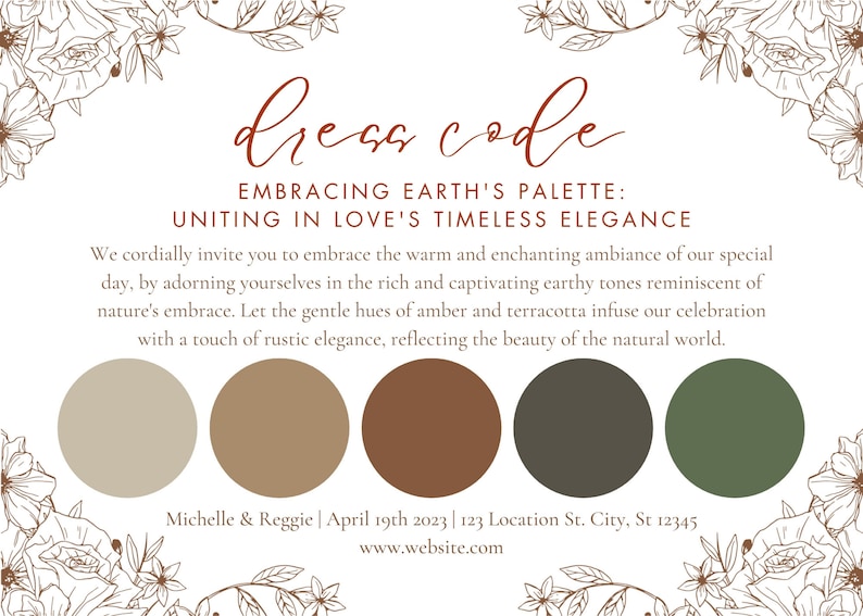 Wedding Guest Attire Card Mood Board Wedding Color Palette Earthy Wedding Rustic Themed Wedding Ideas Outdoor Party Guest Dress Code Insert