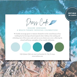Carte de tenue d'invité de mariage Carte d'humeur Palette de couleurs de mariage Mariage de plage Boho Idées de mariage sur le thème de la plage