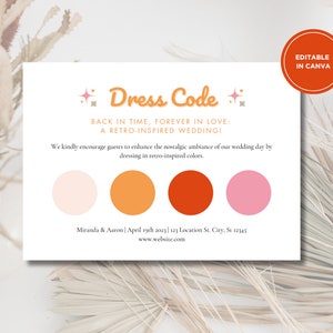 Modèle de carte de tenue de mariage rétro Faire-part de mariage Dress code modèle de carte de carte de tenue de mariage couleurs rétro moodboard Téléchargement instantané Canva