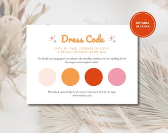 Modelo de cartão de traje de casamento retrô, convite de casamento, código de vestimenta, modelo de cartão de traje, cores retrô, quadro de humor, download instantâneo do Canva
