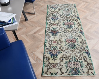Runner Rug, Vintage Rug, Turkish Rug, Floral Rug, Oushak Rug, Rugs For Hallway, 2x5.6 ft Green Rug, Anatolian Rug, Wool Runner Rug,  4975
