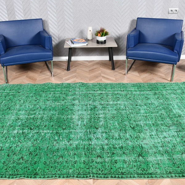 Alfombra vintage, alfombra turca, alfombra grande, alfombra Oushak, alfombras para comedor, alfombra verde de 5.3x8.8 pies, alfombra sobreteñida, alfombras de lana, regalo para él, 5174