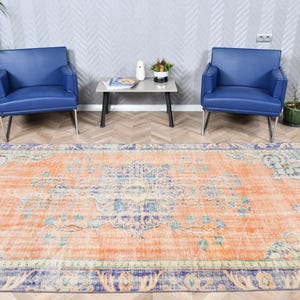 Large Rug, Vintage Style, Turkish Design, Antique Look, Faded Oushak, Home Decor, 6x10ft Orange Rug, Wool Carpet, Anatolian Craft