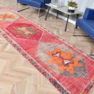 Herki Rug, Turkish Rug, Vintage Rug, Runner Rug, Antique Rug, Rugs For Corridor, 3.3x10.4 ft Pink Rug, Kitchen Rugs, Handmade Wool Rug, 5884