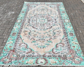 Turkish Rug, Large Carpet, Vintage Rug, Antique Rug, 62x100 inches Green Carpet, Turkey Living Room Rugs, Handmade Salon Rug,  1465