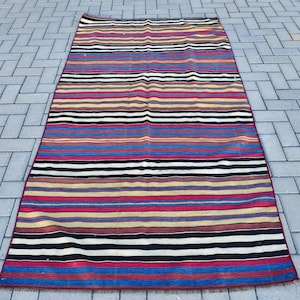 Turkish Kilim, Vintage Striped Kilim, Handwoven Area Rug, 4x7ft, Colorful Flat-Weave Rug, Bohemian Home Decor, Unique Wool Carpet