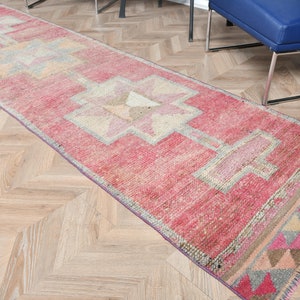 Herki Rug, Runner Rug, Turkish Rug, Vintage Rug, Anatolian Rug, Rugs For Stair, 2.8x10.8 ft Pink Rug, Wool Kitchen Rug, Gift For Her,  5810