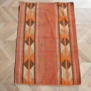 Vintage Kilim, Small Kilim, Turkish Kilim, Geometric Anatolian Kilim, Rugs For Bathroom, 1.8x2.7 ft Red Kilim, Neutral Oushak Rug, Door Mat