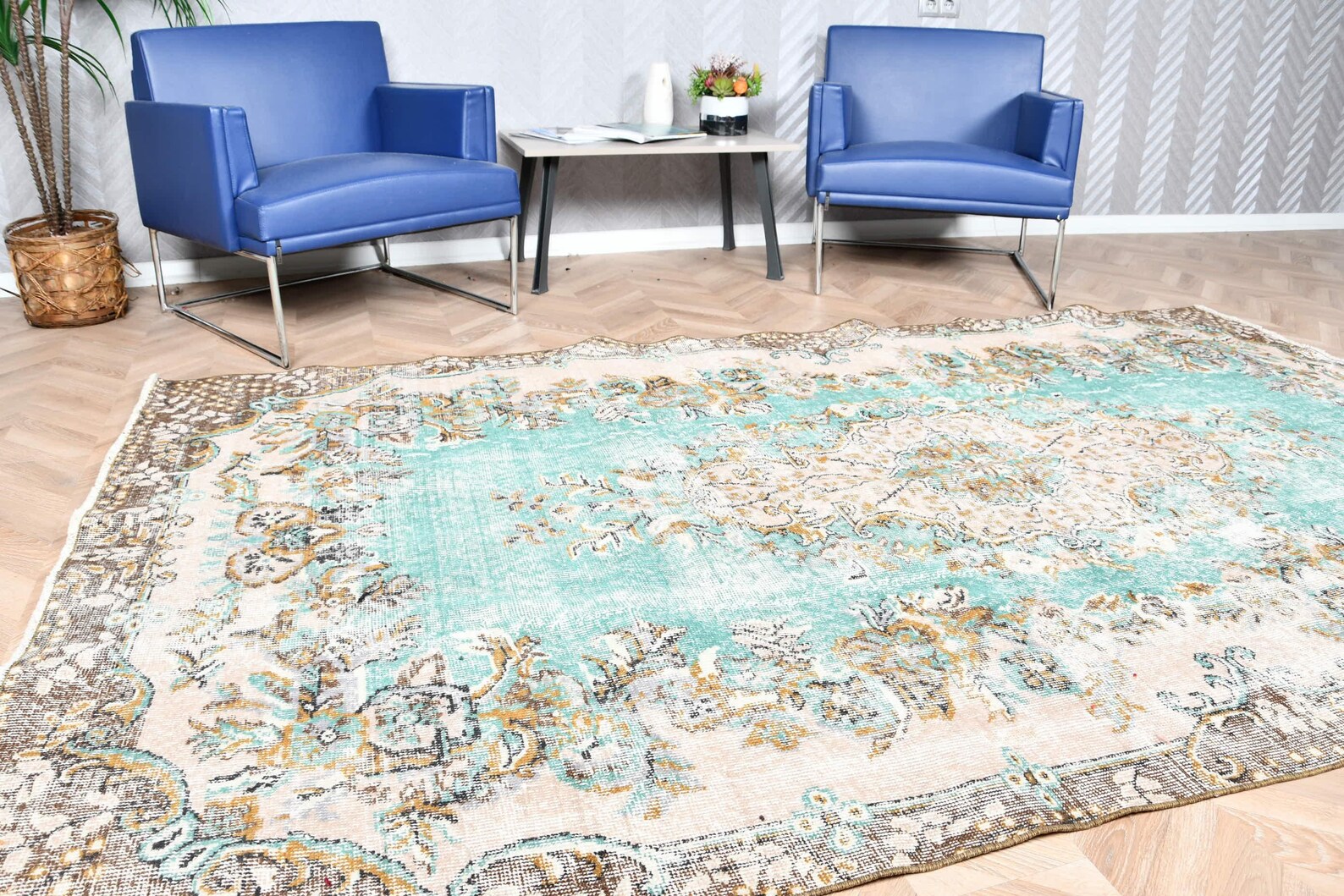 Vintage Turkish Area Rug, 6x9ft, Turquoise and Beige, Intricate Floral ...