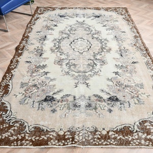 Vintage Rug, Large Rug, Turkish Rug, Oushak Rug, Rugs For Living Room, 5.7x9.3 ft Beige Rug, Floral Anatolian Rug, Large Wool Rug,  5019