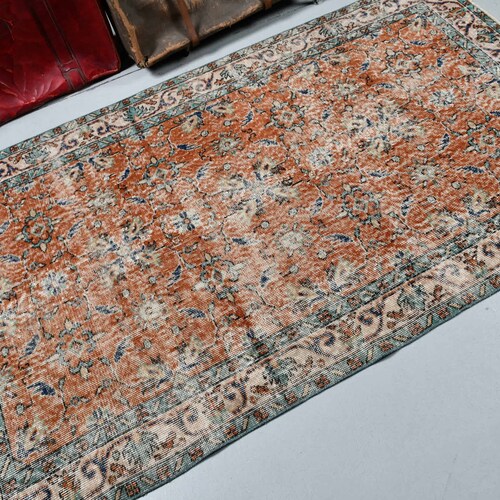 Area Carpet, Vintage Rug, Turkish shops Rug, Home Decor Rug, 45x79 inches Orange Rug, Handwoven Floor Rug, Bohemian Indoor Rug, 3632