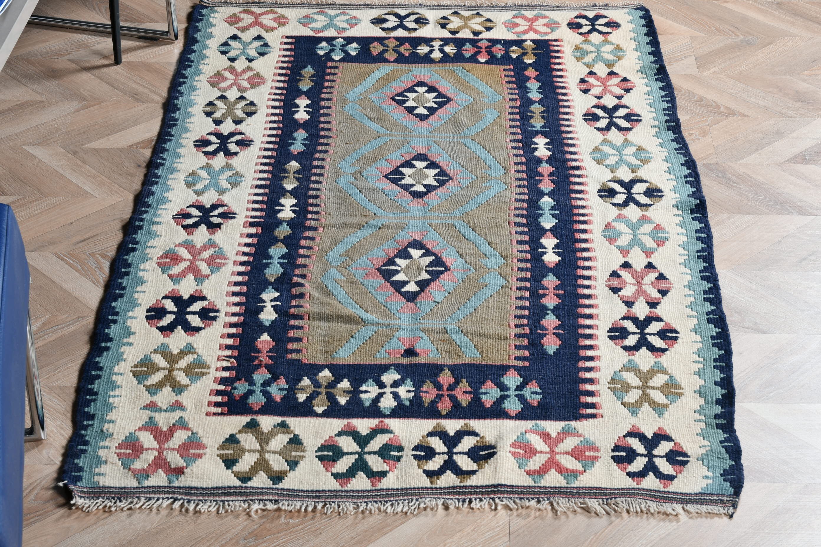 56×138 ViNTAGETURKiSH RUG Vintage Turkish Rug, Accent 3.2x5.6 Ft (98x172 Cm) Rug, Blue Polka