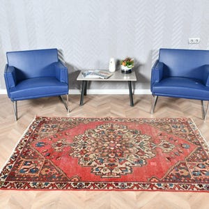 Turkish Rug Vintage Oushak 4x6 ft, Red Colorful Antique, Living Room, Office, Eclectic Anatolian Art Wool Carpet