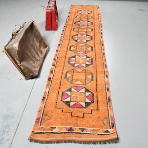 Alfombra de pasillo, alfombra Herki, alfombra turca, alfombra vintage, alfombra para escaleras, alfombra naranja de 29 x 148 pulgadas, alfombra orgánica para pasillo, 3907