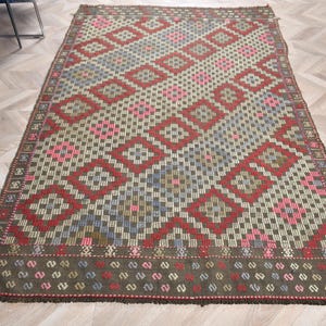 Kilim obszarowy, kilim vintage, kilim turecki, haftowany kilim anatolijski, dywaniki do salonu, 4,9x7,5 ft zielony kilim, kilim turecki Boho,