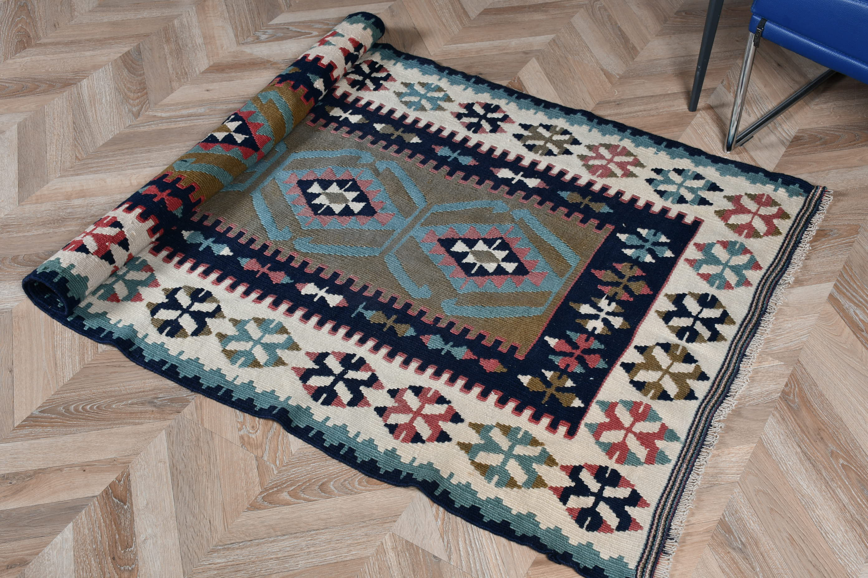 Vintage Turkish Rug, Accent 3.2x5.6 Ft (98x172 Cm) Rug, Blue Polka