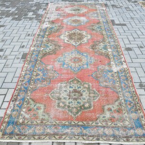 トルコ絨毯、4.8×12.6フィートのランナーラグ、赤いパッチワークウールのヴィンテージラグ