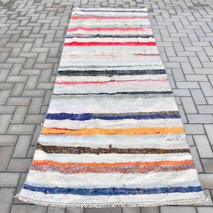 Vintage Turkish Kilim, Bohemian Rug, Striped Runner, Handmade Rug, 3x9ft, Colorful Area Rug, Recycled Fabric Carpet, Eco-Friendly Decor