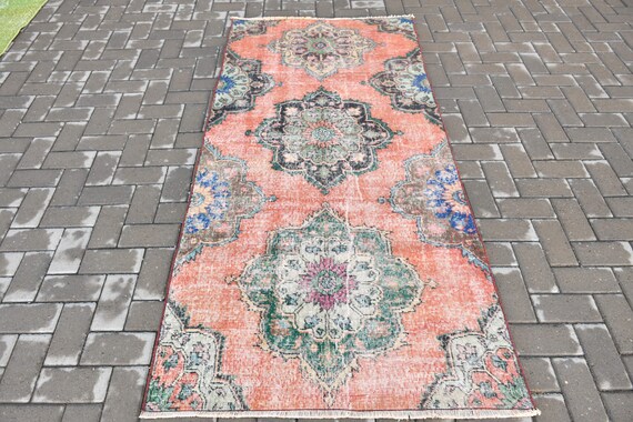 3.3 x 7 フィートのラグ、トルコ製ヴィンテージアクセントラグ、赤い