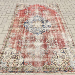 Vintage Turkish Rug, Red Area Rug, Oushak Style, 5x8ft Bohemian Floor Rug, Organic Handmade Carpet, Chic Decor