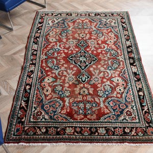 Turkish Vintage Rug, 4x6 ft, Red Anatolian Boho Carpet, Floral Handwoven, Ethnic Living Room Decor, Oushak Style Mat, Antique Design