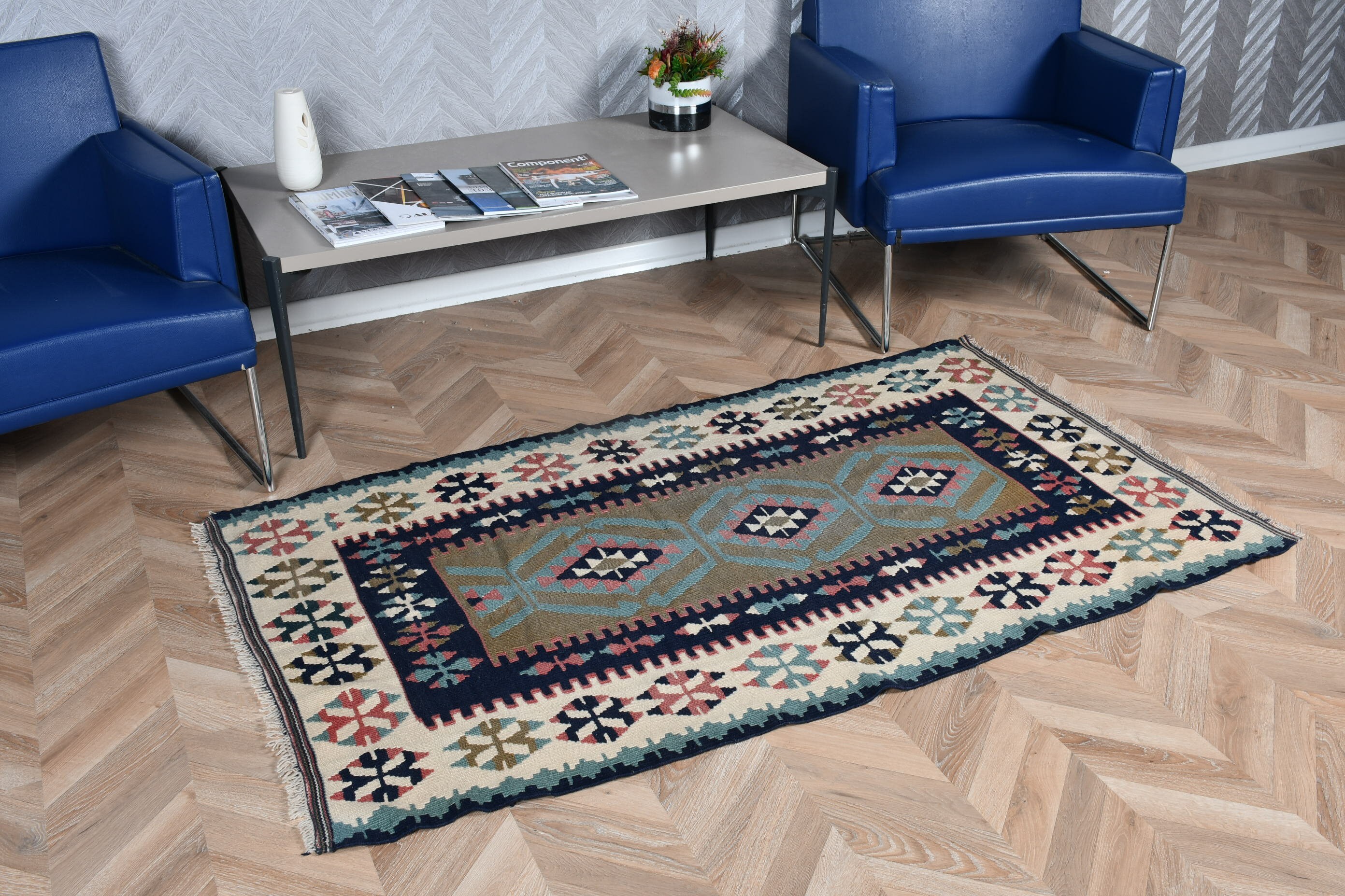Vintage Turkish Rug, Accent 3.2x5.6 Ft (98x172 Cm) Rug, Blue Polka