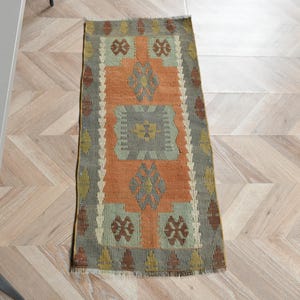 Vintage Kilim, Small Kilim, Turkish Kilim, Geometric Oushak Kilim, Rugs For Entry, 1.5x3.4 ft Orange Kilim, Handwoven Kilim, Bath Mat,