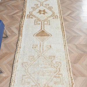 Turkish Runner Rug, 2.7x11.5 ft Vintage Rug, White Patchwork Wool Rug