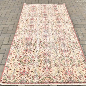 Vintage Turkish Rug, Floral Pattern, Oriental Carpet, 4x7ft Area Rug, Handmade Beige Kilim Rug, Hallway Runner