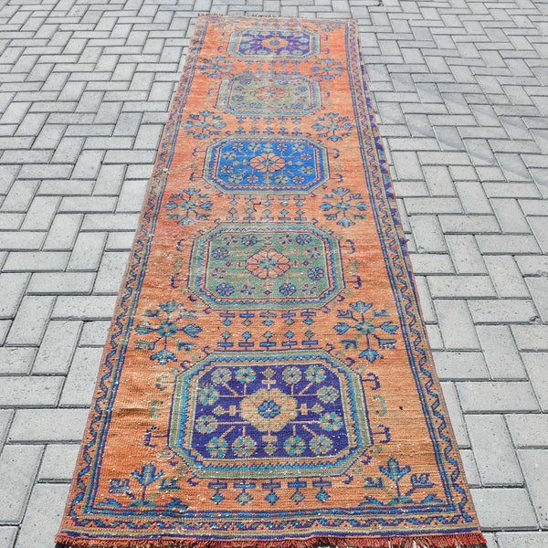 Vintage Rug, Turkish Rug, Runner Carpet, Oushak Rug, 36x116 inches Orange Carpet, Organic Stair Rug, Decorative Hallway Carpet,  277