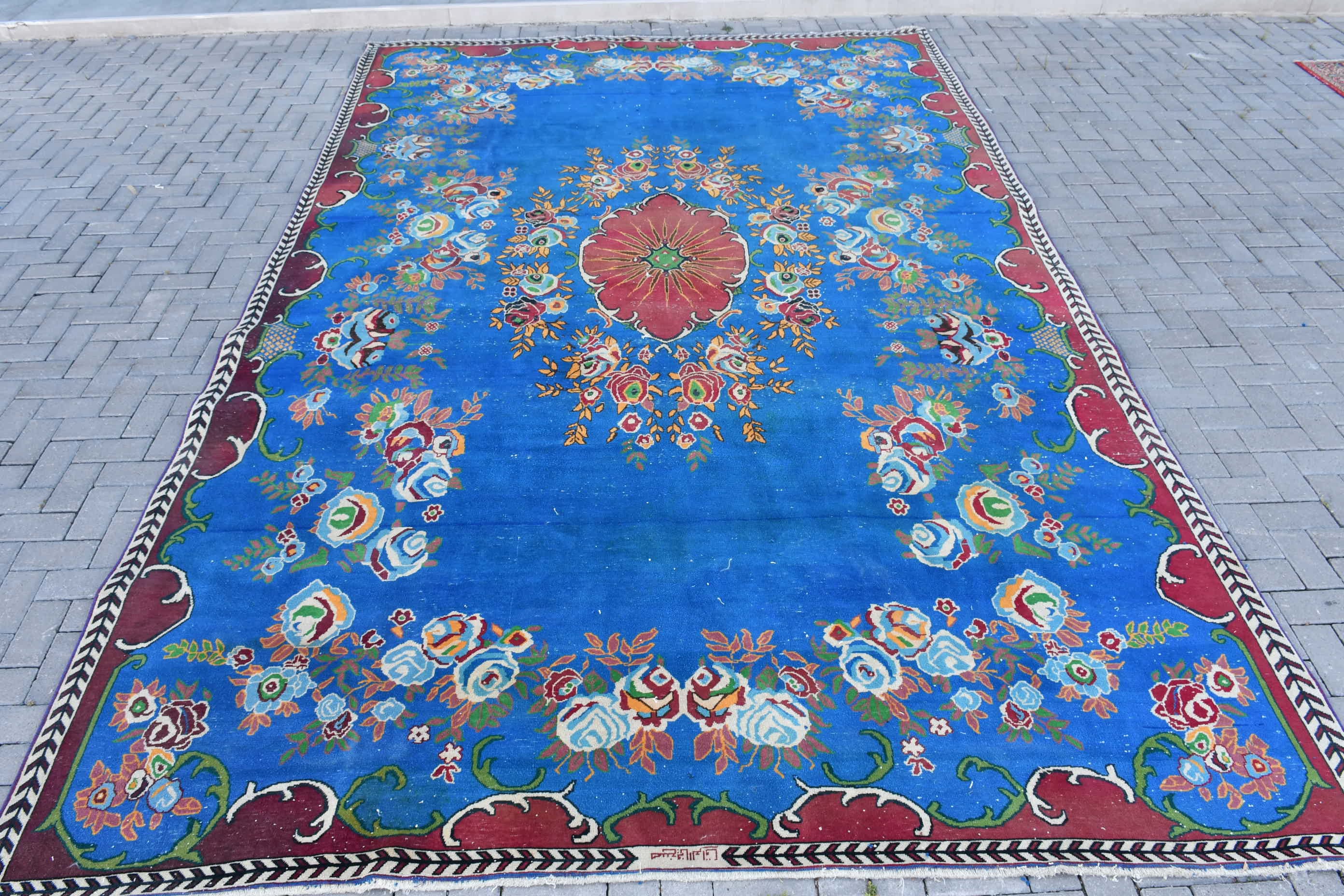 9.3x14.2 Ft Oversize Vintage Turkish Rug, Blue Oriental Wool Rug