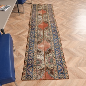 Patchwork Rug, Vintage Rug, 3x9 Runner Rugs, Turkish Rug, Oushak Rug, Rugs For Corridor, 2.1x8.2 ft Red Rug, Decorative Rug, Wool Rug,