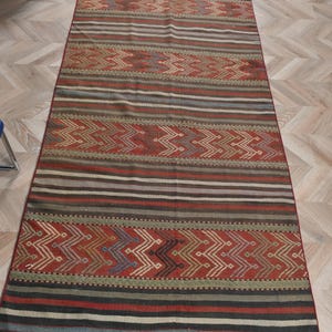 Turkish Runner Rug 3.7x9.9 ft, Vintage Kilim Red Solid Wool Rug