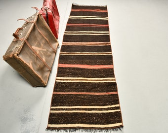 Turkish Kilim, Vintage Kilim, Runner Kilim, Oushak Kilim, 26x92 inches Brown Kilim, Handwoven Kilim, Corridor Kilim,  3097