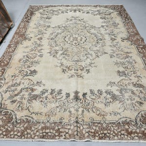 Vintage Turkish Rug, Handmade Oushak Carpet, Large 201x300cm, Antique Beige Rug 7x10ft Living Room Decor
