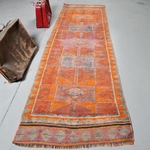 Alfombra de pasillo, alfombra turca, alfombra Herki, alfombra vintage, alfombra antigua, alfombra naranja de 39 x 129 pulgadas, alfombras tribales para pasillos, 3914
