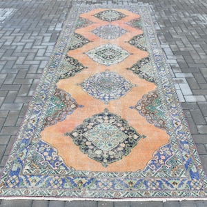 Turkish Vintage Runner Rug 4.6x12.9 ft, Orange Blue Patchwork Wool Rug