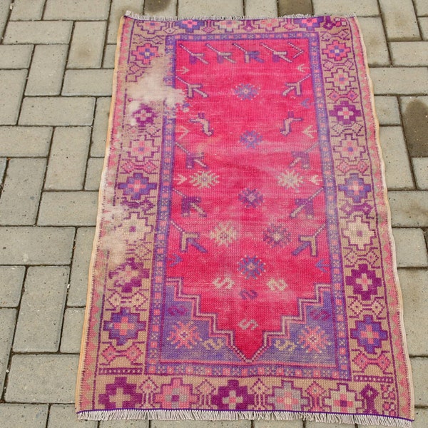 Turkish Rug, Vintage Rug, Small Carpet, Oushak Rug, 28x44 inches Pink Carpet, Office Little Carpet, Handwoven Kitchen Rugs,  1995