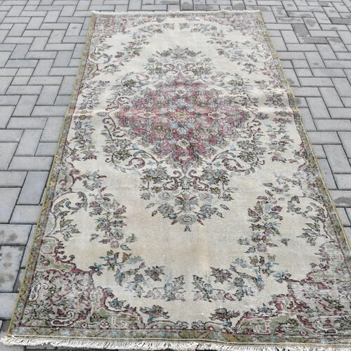 Area Rug, Turkish Rug, newest Vintage Rug, Oushak Carpet, 50x98 inches Beige Carpet, Floral Rug, Bedroom Rug, Tribal Floor Carpet, 721
